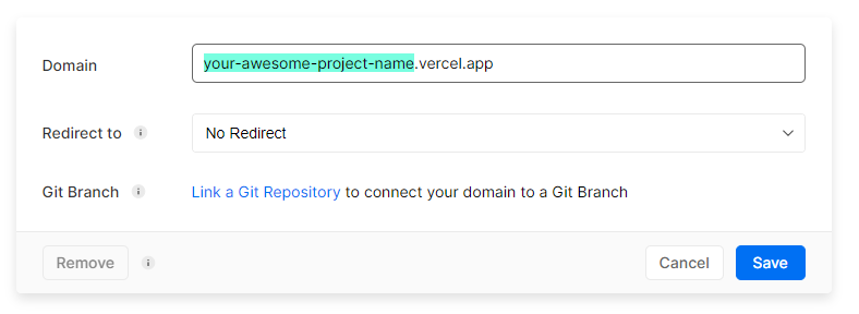 Edit the domain name, preserving .vercel.app, then click Save